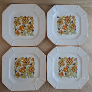 Set Of 4 Vintage MCM Mod Orange Floral Octagonal Plates